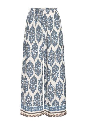 Pantaloni leggeri a gamba larga con un intricato motivo paisley blu e bianco, vita elastica e dettagli decorativi sull'orlo.
