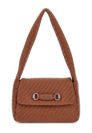 Borsa a tracolla intrecciata marrone con finitura strutturata, pattina piatta, hardware in argento e una tracolla. Presenta un logo centrale sul davanti.