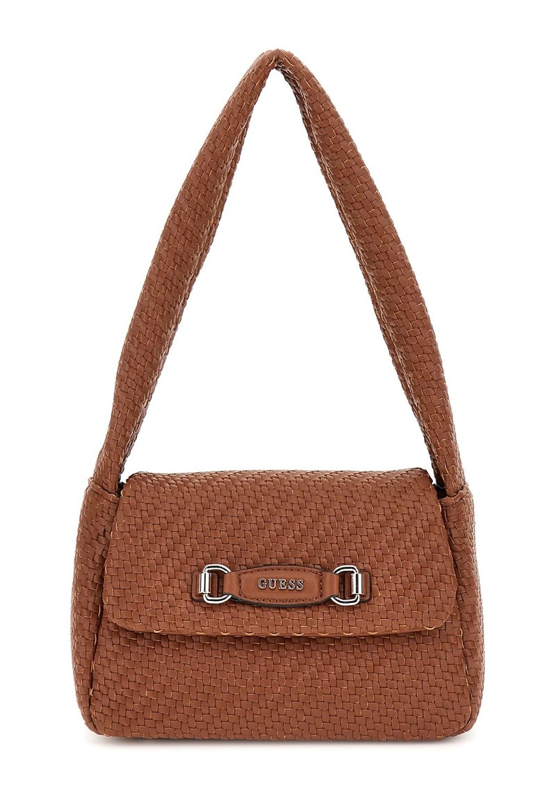 Borsa a tracolla intrecciata marrone con finitura strutturata, pattina piatta, hardware in argento e una tracolla. Presenta un logo centrale sul davanti.