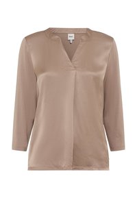 Blusa in satin beige con vestibilità rilassata, scollo a V e maniche a tre quarti. Texture liscia e design minimalista, senza motivi o accenti.