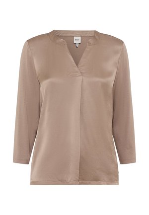 Beige Satinbluse mit lockerer Passform, V-Ausschnitt und drei Viertel langen Ärmeln. Glatte Textur und minimalistisches Design, ohne Muster oder Akzente.
