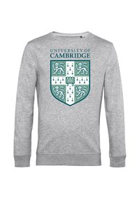 Felpa grigia con il crest dell'Università di Cambridge. Il design include uno scudo con leoni, un emblema centrale e elementi testuali.