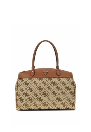 Sac à main beige et marron avec doubles poignées, bordure marron et motif géométrique répétitif sur le tissu, présenté sur un fond blanc uni.
