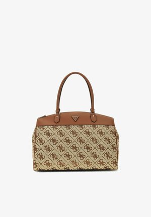 Beige en bruine handtas met dubbele handvatten, bruine biezen en een herhalend geometrisch patroon op het stoffen lichaam, getoond op een effen witte achtergrond.