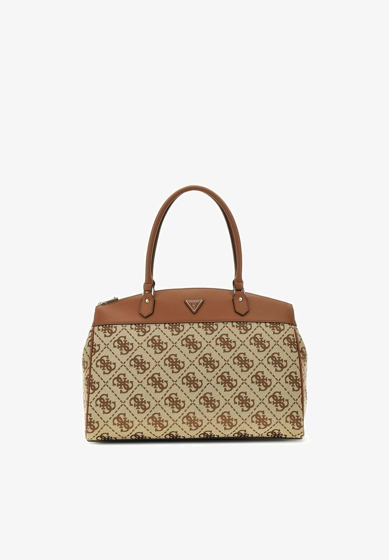 Sac à main beige et marron avec doubles poignées, bordure marron et motif géométrique répétitif sur le tissu, présenté sur un fond blanc uni.