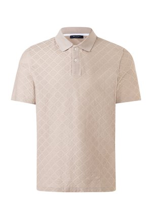 Beiges Poloshirt mit kurzen Ärmeln, zwei Knöpfen und einem geprägten Diamantmuster auf dem Stoff.