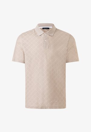 Béžové polo tričko s krátkými rukávy, dvěma knoflíky a vyraženým diamantovým vzorem po celé látce.