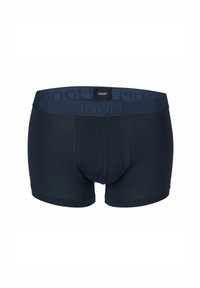 Navy blue boxer shorts made of soft fabric, featuring a comfortable waistband with embossed brand logo, elastic sides, and a snug fit.