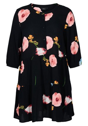 Schwarzes knielanges Kleid mit pinken und orangen Blumenmustern, Dreiviertelärmeln, rundem Ausschnitt und vorne mit Knopfleiste.