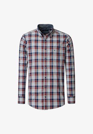 Long-sleeve button-up shirt in cotton blend, features a blue, red, and beige plaid pattern, classic collar, and a single chest pocket.