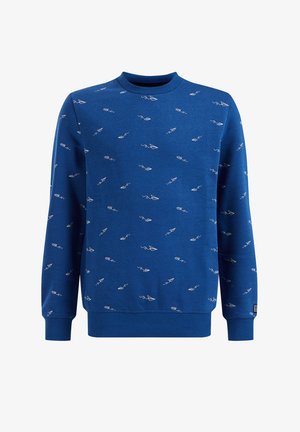 Blaues Sweatshirt mit Rundhalsausschnitt, weißem Papierflieger- und Zickzackmuster, gerippten Bündchen und Saum sowie einem kleinen Etikett nahe dem unteren Saum.