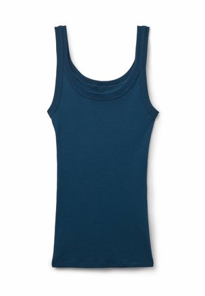 Donkerblauw geribd tanktop met een ronde halslijn en smalle schouderbanden. Heeft een getailleerd ontwerp en een gladde textuur.