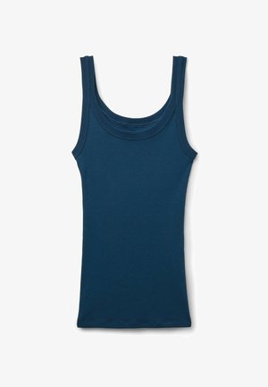 Donkerblauw geribd tanktop met een ronde halslijn en smalle schouderbanden. Heeft een getailleerd ontwerp en een gladde textuur.
