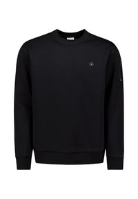 Zwarte trui gemaakt van zachte stof, met een ronde hals, geribbelde manchetten en een kleine zeshoekige logodetail op de borst.