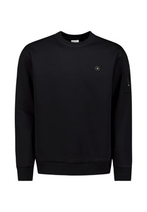 Zwarte trui gemaakt van zachte stof, met een ronde hals, geribbelde manchetten en een kleine zeshoekige logodetail op de borst.