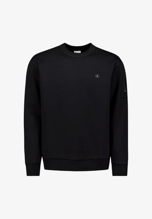 Zwarte trui gemaakt van zachte stof, met een ronde hals, geribbelde manchetten en een kleine zeshoekige logodetail op de borst.