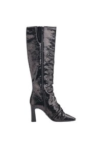 Bottes noires jusqu'aux genoux en matériau pailleté. Dotées d'un bout pointu, d'un design froncé et d'un talon bloc haut et élégant. Fermeture éclair sur le côté.