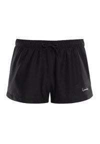 Bañador negro con cinturilla elástica y cordón ajustable. Tejido suave con un diseño minimalista, que presenta un pequeño logo blanco en el dobladillo.