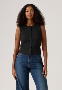 Black ribbed sleeveless top featuring a round neckline and front button closure. Paired with high-waisted blue jeans.