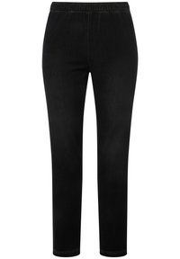 Pantalones de mezclilla negra con una cintura elástica, pierna estrecha y costuras de contraste. Textura suave con un ligero brillo. Sin bolsillos visibles.