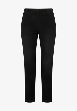 Pantalones de mezclilla negra con una cintura elástica, pierna estrecha y costuras de contraste. Textura suave con un ligero brillo. Sin bolsillos visibles.