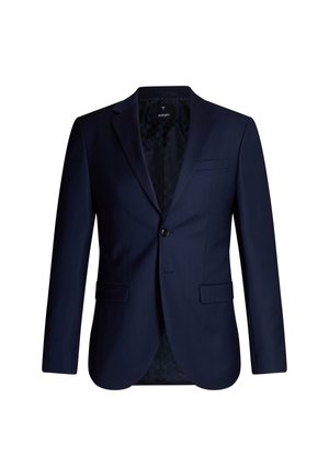 Marineblauer Blazer aus strukturiertem Stoff, mit einem einzigen Knopf, zwei Fronttaschen und einem gemusterten Innenfutter.