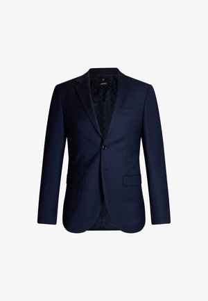 Marineblauer Blazer aus strukturiertem Stoff, mit einem einzigen Knopf, zwei Fronttaschen und einem gemusterten Innenfutter.