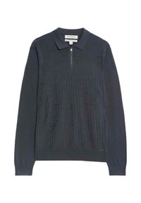 Navy katoenen polo met lange mouwen en een ritssluiting; voorzien van een gestructureerd visgraatpatroon aan de voorkant en geribde manchetten.