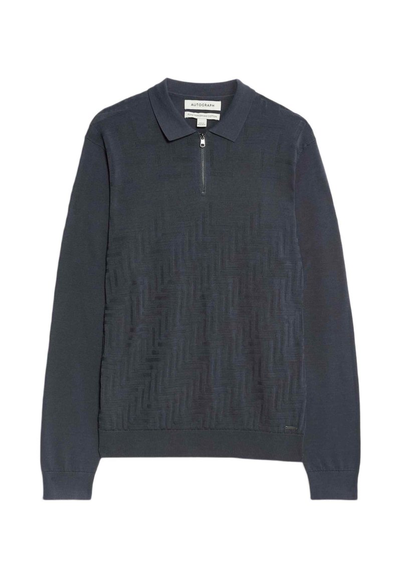 Navy katoenen polo met lange mouwen en een ritssluiting; voorzien van een gestructureerd visgraatpatroon aan de voorkant en geribde manchetten.