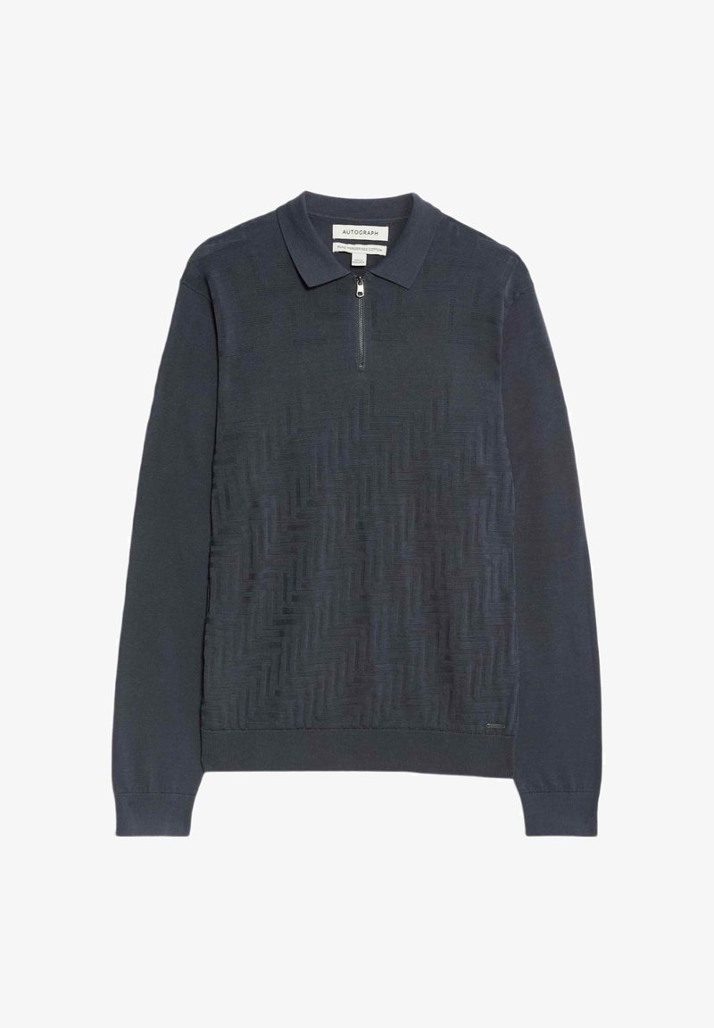 Navy katoenen polo met lange mouwen en een ritssluiting; voorzien van een gestructureerd visgraatpatroon aan de voorkant en geribde manchetten.