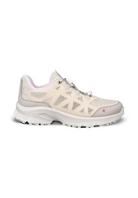 Chaussure de sport beige avec panneaux en mesh, semelle épaisse et système de laçage rapide, vue de côté sur fond blanc.