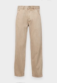 Beiga högmidjade raka jeans med framfickor, bälteshällor och knappstängning.