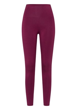 Leggings color bordeaux con vita alta, realizzati in materiale liscio ed elasticizzato. Presentano un design semplice e lineare, senza decorazioni.