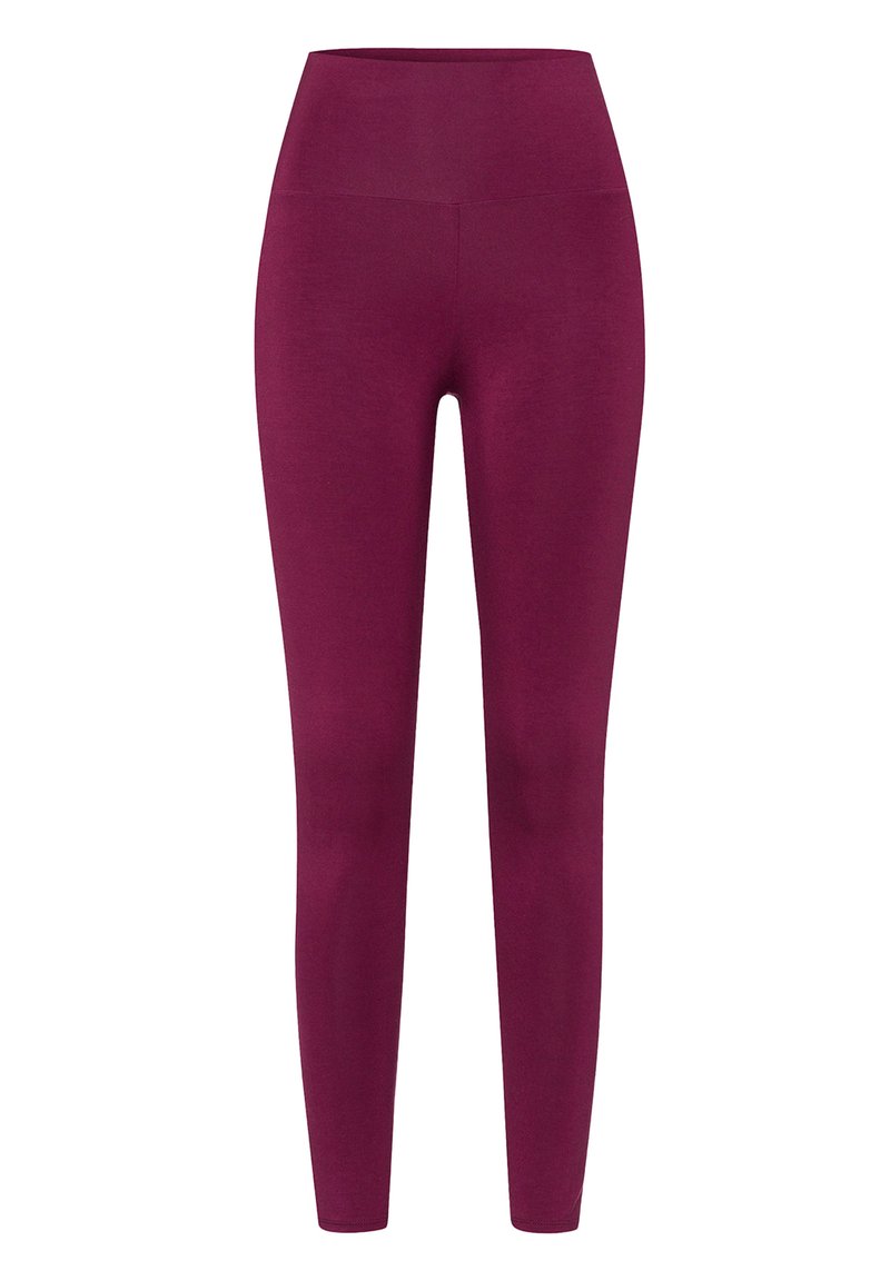 Bordeauxkleurige legging met een hoge tailleband, gemaakt van soepel, rekbaar materiaal. Heeft een eenvoudig, gestroomlijnd ontwerp zonder versieringen.