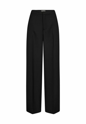 Black wide-leg trousers with a smooth fabric, featuring a front pleat, waistband, and no visible embellishments or patterns.
