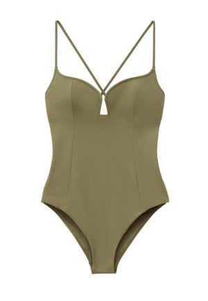Heldragt badedragt i olivengrøn med formstøbte skåle, V-formet halsudskæring og tynde krydsede skulderstropper.