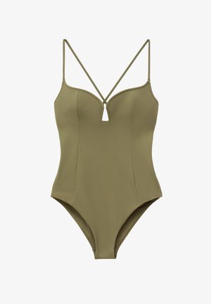 Heldragt badedragt i olivengrøn med formstøbte skåle, V-formet halsudskæring og tynde krydsede skulderstropper.