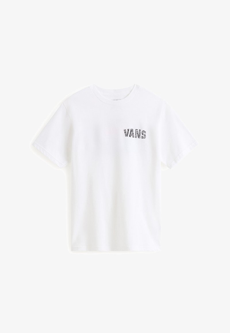 Camiseta de algodón blanca con mangas cortas, que presenta un logotipo gráfico negro "VANS" en el área del pecho izquierdo. Diseño clásico de cuello redondo.