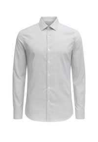 Camicia grigia chiara a maniche lunghe con bottoni, colletto classico, texture liscia e cinque bottoni bianchi sulla parte anteriore.