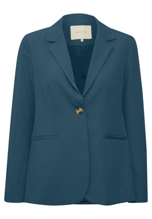 Dunkelblauer Blazer mit Reverskragen, einzelner Messingknopfverschluss, zwei Vorderaschen und einer taillierten Silhouette aus glattem Stoff.