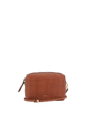 Woven brown leather crossbody bag with a zip closure, adjustable strap, and a smooth texture. Features a rectangular shape and subtle hardware accents.