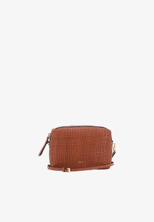 Woven brown leather crossbody bag with a zip closure, adjustable strap, and a smooth texture. Features a rectangular shape and subtle hardware accents.