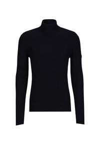 Schwarzer gerippter Rollkragenpullover mit langen Ärmeln, der ein tailliertes Design und einen hohen Kragen aufweist. Hergestellt aus strukturiertem, elastischem Stoff.