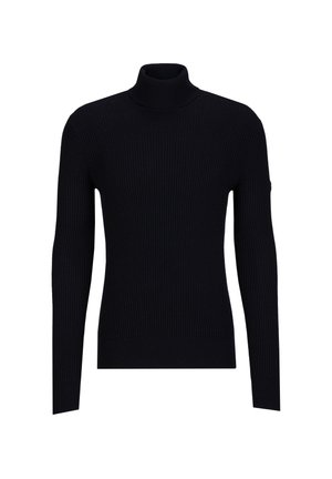 Pull à col roulé noir à côtes avec des manches longues, présentant une coupe ajustée et un col haut. Fabriqué en tissu texturé et extensible.