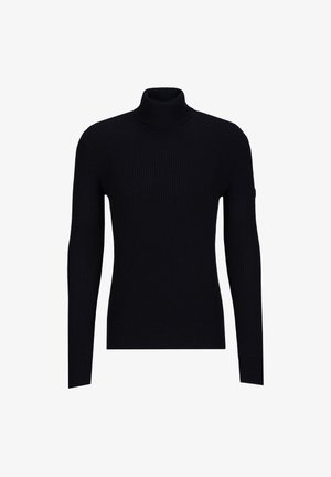 Schwarzer gerippter Rollkragenpullover mit langen Ärmeln, der ein tailliertes Design und einen hohen Kragen aufweist. Hergestellt aus strukturiertem, elastischem Stoff.