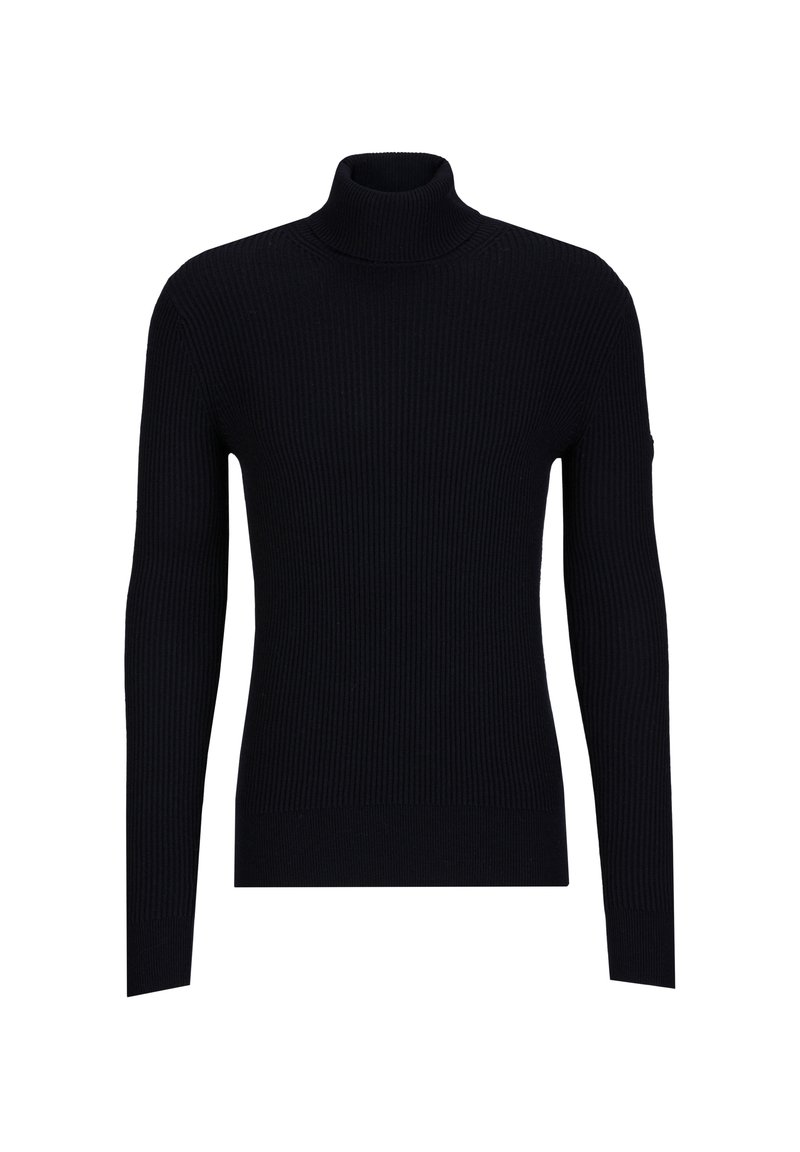 Schwarzer gerippter Rollkragenpullover mit langen Ärmeln, der ein tailliertes Design und einen hohen Kragen aufweist. Hergestellt aus strukturiertem, elastischem Stoff.