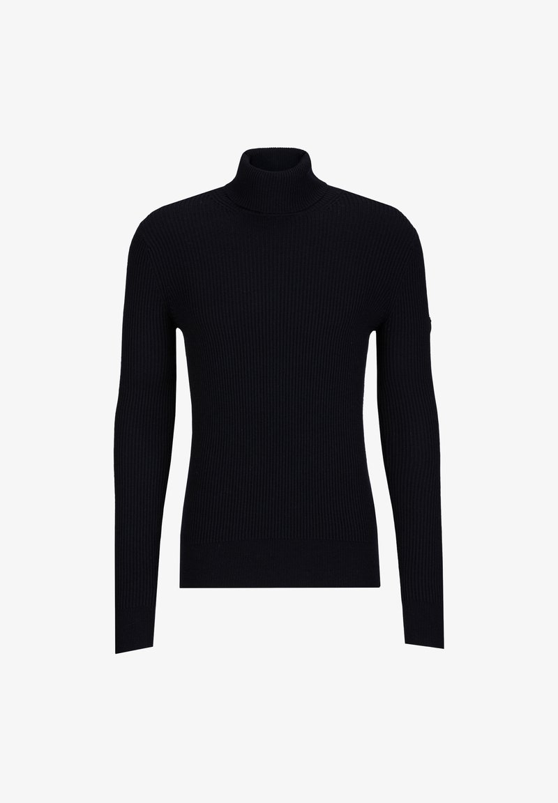 Schwarzer gerippter Rollkragenpullover mit langen Ärmeln, der ein tailliertes Design und einen hohen Kragen aufweist. Hergestellt aus strukturiertem, elastischem Stoff.