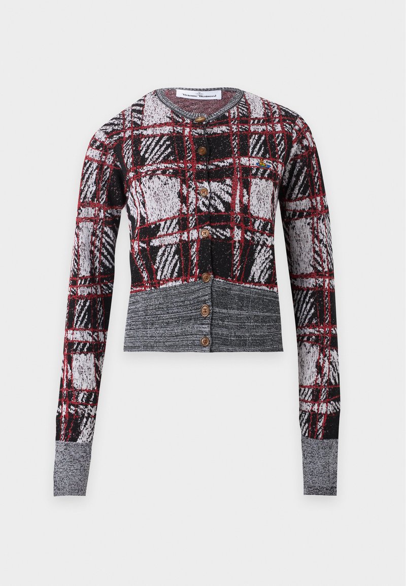 Cardigan boutonné à manches longues avec motif à carreaux gris, noir, blanc et rouge, et ceinture et poignets gris unis.