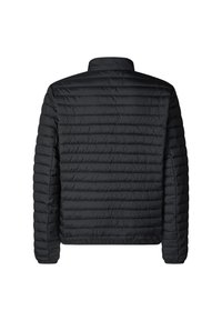 Black quilted jacket with a high collar, featuring horizontal stitching and a smooth texture. No visible pockets or additional details.