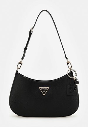 Black textured shoulder bag with adjustable strap, triangular Guess logo, and keychain tag with padlock detail.